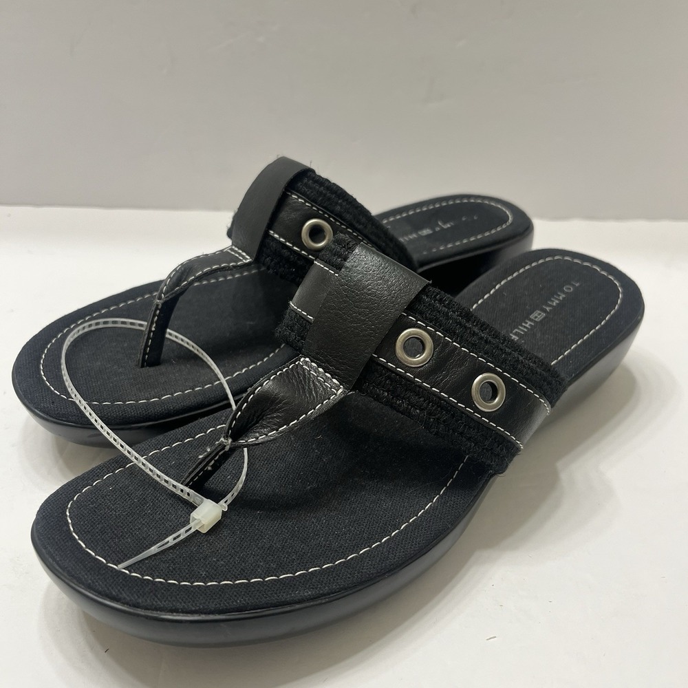 Tommy Hilfiger Thong Slip-On Wedge Sandals Black Metal Grommet Accents 7.5